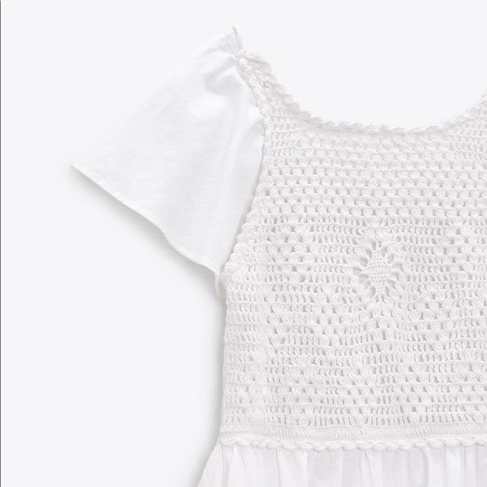ZARA NEW WOMAN LONG CROCHET LINEN BLEND DRESS RUFFLED HEM WHITE SZ MED 7200/115 - Picture 6 of 7
